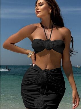 Black Three-Piece Ruched Bikini and cover-up skirt Set with Rosette Details